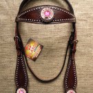 HILASON WESTERN LEATHER HORSE BRIDLE HEADSTALL BROWN PINK WHEEL CONCHO