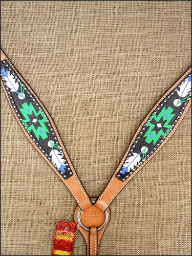 HILASON WESTERN LEATHER HORSE BREAST COLLAR HAND PAINT BLACK GREEN