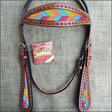 HILASON WESTERN LEATHER HORSE BRIDLE HEADSTALL MAHOGANY W/ CHEVRON INLAY