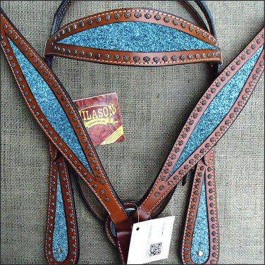 HILASON WESTERN LEATHER HORSE HEADSTALL BRIDLE BREAST COLLAR MAHOGANY TURQUOISE