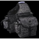 TOUGH 1 MULTI POCKET INSULATED NYLON SADDLE BAG IN PRINTS TOOLED LEATHER BLACK