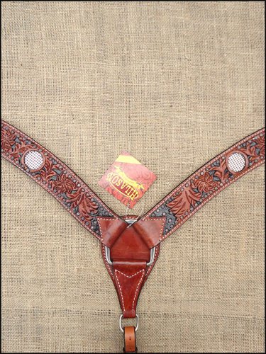 S284 HILASON WESTERN LEATHER HORSE BREAST COLLAR MAHOGANY W/ RHINESTONES INLAY