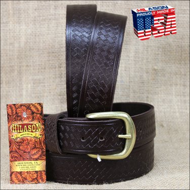 44IN. BROWN 1.5in CASUAL LEATHER BELT EMBOSSED BASKET DESIGN MADE IN USA
