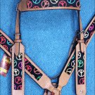 HILASON WESTERN LEATHER HORSE HEADSTALL BREAST COLLAR TAN W/ PEACE SIGN INLAY