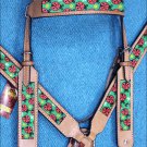 HILASON WESTERN LEATHER HORSE HEADSTALL BREAST COLLAR TAN W/ LADY BIRD INLAY
