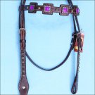 HILASON WESTERN LEATHER HORSE HEADSTALL BRIDLE BROWN LAVENDER BLING CONCHO