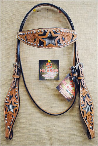 HILASON WESTERN LEATHER BRIDLE HEADSTALL BLACK HAND CARVED STAR