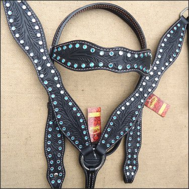 HILASON WESTERN LEATHER HORSE BRIDLE HEADSTALL BREAST COLLAR BLACK W/ CRYSTALS