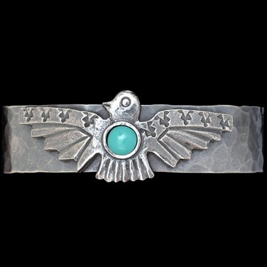 LOULABELLE SILVER THUNDERBIRD CUFF BRACELET LADIES TURQUOISE INLAY BEAD PLATING