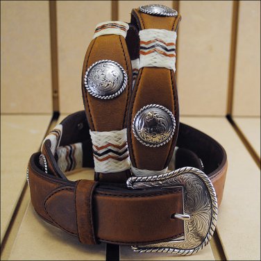 42in. TONY LAMA BUCKAROO RAWHIDE CONCHO WESTERN LEATHER MANS BELT BROWN