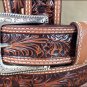46 INCH WESTERN MEN TAN TOOLED DARK BROWN LEATHER STITCHING BELT