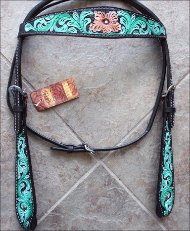 HILASON WESTERN LEATHER HORSE BRIDLE HEADSTALL GREEN HAND PAINT FLORAL