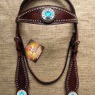 HILASON WESTERN LEATHER HORSE BRIDLE HEADSTALL BROWN BLUE WHEEL CONCHOS