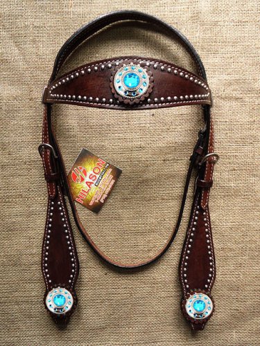 HILASON WESTERN LEATHER HORSE BRIDLE HEADSTALL BROWN BLUE WHEEL CONCHOS