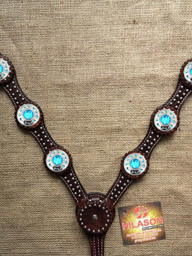 HILASON WESTERN LEATHER HORSE BREAST COLLAR BROWN BLUE WHEEL CONCHOS