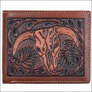 4 1/2" x 3 3/4" 3D TAN WESTERN HAND TOOLED LEATHER MENS BIFOLD WALLET STEER HEAD