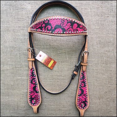 HILASON WESTERN LEATHER HORSE BRIDLE HEADSTALL HAND PAINT MAGENTA SWIRLS