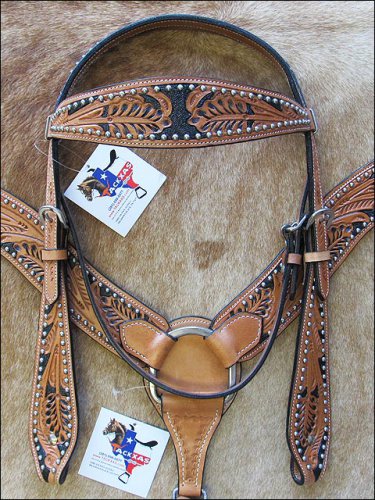HILASON WESTERN LEATHER HORSE BRIDLE HEADSTALL ACORN TOOL TAN BLACK INLAY