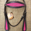HILASON WESTERN LEATHER HORSE BRIDE HEADSTALL BLACK W/ PINK INLAY