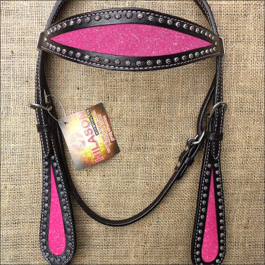 HILASON WESTERN LEATHER HORSE BRIDE HEADSTALL BLACK W/ PINK INLAY