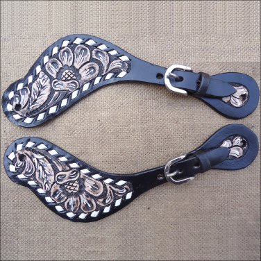 HILASON WESTERN FLORAL HAND TOOLED LEATHER SPUR STRAPS BROWN ANTIQUE