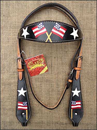 S482 4HILASON WESTERN LEATHER HORSE BRIDLE HEADSTALL BLACK HAND PAINT US FLAG