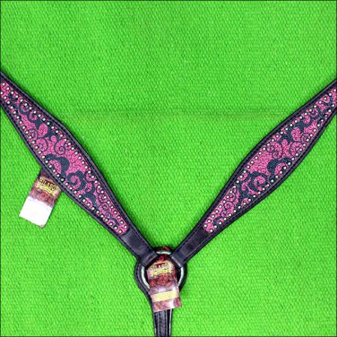 HILASON WESTERN LEATHER HORSE BREAST COLLAR BLACK MAGENTA SWIRLS