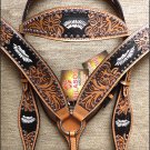 S469 HILASON WESTERN LEATHER BRIDLE HEADSTALL BREAST COLLAR TAN W/ BLACK INLAY