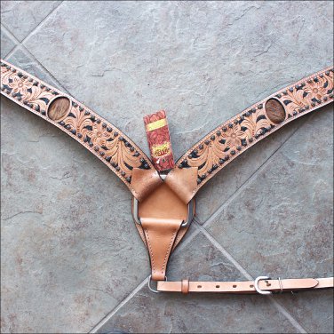 V1 HILASON WESTERN LEATHER HORSE  BREAST COLLAR TAN BLACK HAIR ON INLAY