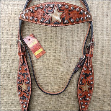 V1 HILASON WESTERN LEATHER HORSE HEADSTALL DARK OIL BLACK HAIR ON INLAY