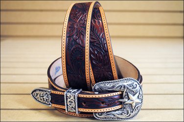 40in. JUSTIN TOOLED TAPER WESTERN LEATHER MEN BELT BROWN SILVER ENGRAVED BUCKLE