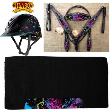 L-HILASON WESTERN LEATHER HEADSTALL BREAST COLLAR TROXEL HELMET BLANKET SPLATTER