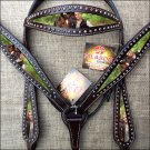 HILASON WESTERN LEATHER HORSE HEADSTALL BREAST COLLAR PAINTED PORTRAIT BROWN