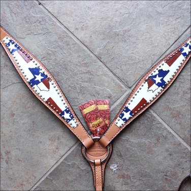 HILASON WESTERN LEATHER HORSE BREAST COLLAR TEXAS FLAG HAND PAINT