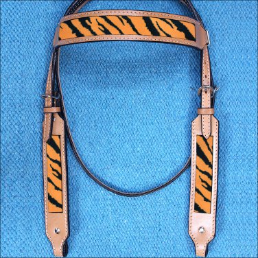 HILASON WESTERN LEATHER HORSE BRIDLE HEADSTALL TAN W/ TIGER PRINT INLAY