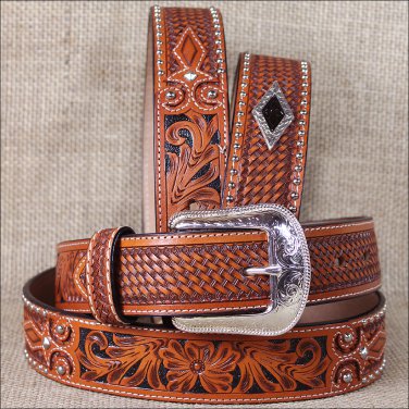 38x1 1/2" 3D NATURAL MENS WESTERN FASHION LEATHER FLORAL BELT REMOVABLE BUCKLE