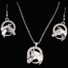 3D SILVER STRIKE CLEAR CRYSTAL HORSE HEAD PENDANT EARRINGS NECKLACE SET