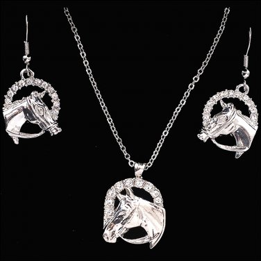 3D SILVER STRIKE CLEAR CRYSTAL HORSE HEAD PENDANT EARRINGS NECKLACE SET
