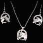 3D SILVER STRIKE CLEAR CRYSTAL HORSE HEAD PENDANT EARRINGS NECKLACE SET