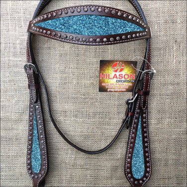HILASON WESTERN LEATHER HORSE BRIDE HEADSTALL BROWN W/ TURQUOISE INLAY