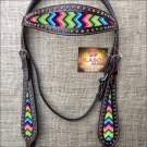 HILASON WESTERN LEATHER HORSE BRIDE HEADSTALL BROWN W/ AZTEC INLAY