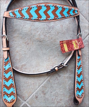 HILASON WESTERN LEATHER HORSE BRIDLE HEADSTALL TURQUOISE BROWN HAND PAINT
