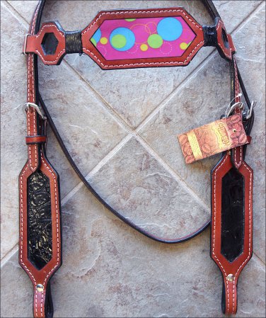 HILASON WESTERN LEATHER HORSE BRIDLE HEADSTALL MAHOGANY W/ BUBBLES INLAY