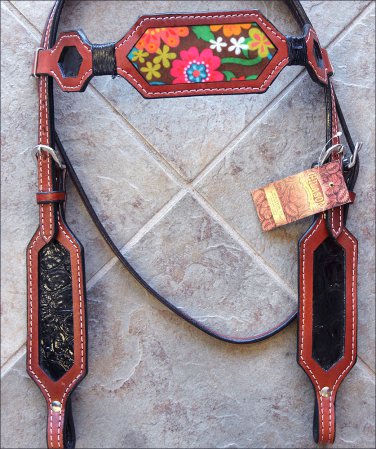 HILASON WESTERN LEATHER HORSE BRIDLE HEADSTALL MAHOGANY W/ FLORAL INLAY