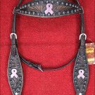 HILASON WESTERN LEATHER HEADSTALL BLACK PINK BREAST CANCER CONCHO