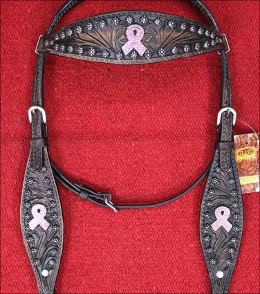 HILASON WESTERN LEATHER HEADSTALL BLACK PINK BREAST CANCER CONCHO