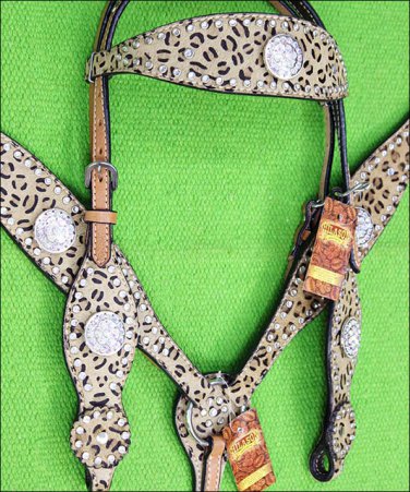 HILASON WESTERN LEATHER HORSE HEADSTALL BREAST COLLAR LEOPARD BLING AB CONCHO