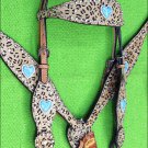 HILASON WESTERN LEATHER HORSE HEADSTALL BREAST COLLAR LEOPARD TURQUOISE CONCHO