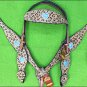HILASON WESTERN LEATHER HORSE HEADSTALL BREAST COLLAR LEOPARD TURQUOISE CONCHO