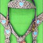 HILASON WESTERN LEATHER HORSE HEADSTALL BREAST COLLAR LEOPARD TURQUOISE CONCHO